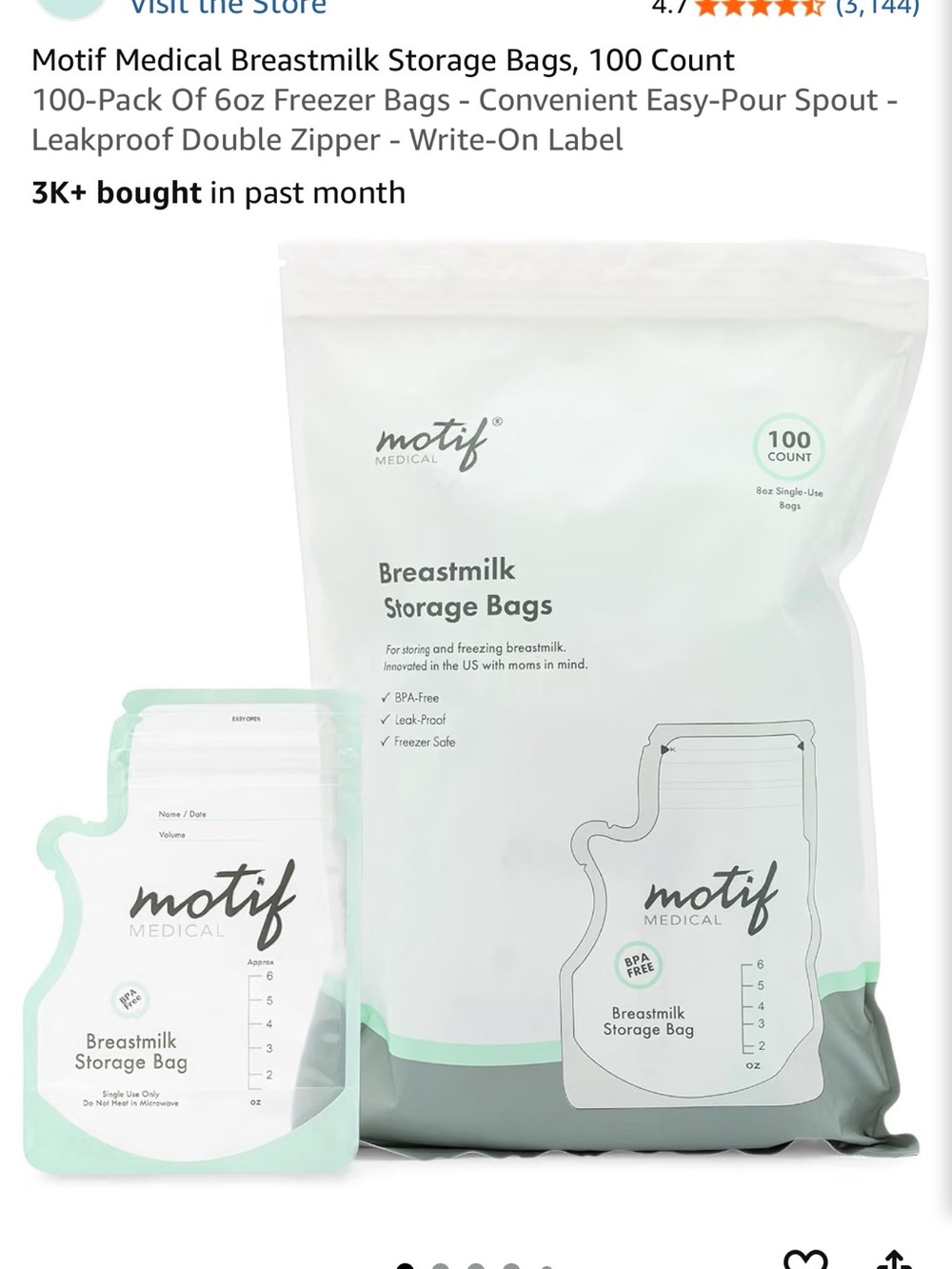 5 Motif Medical Breastmilk Storage Bags - White & Mint (100 Count)